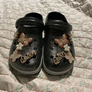 Women's Glitter Black Crocs with Rhinestone Accent Charms